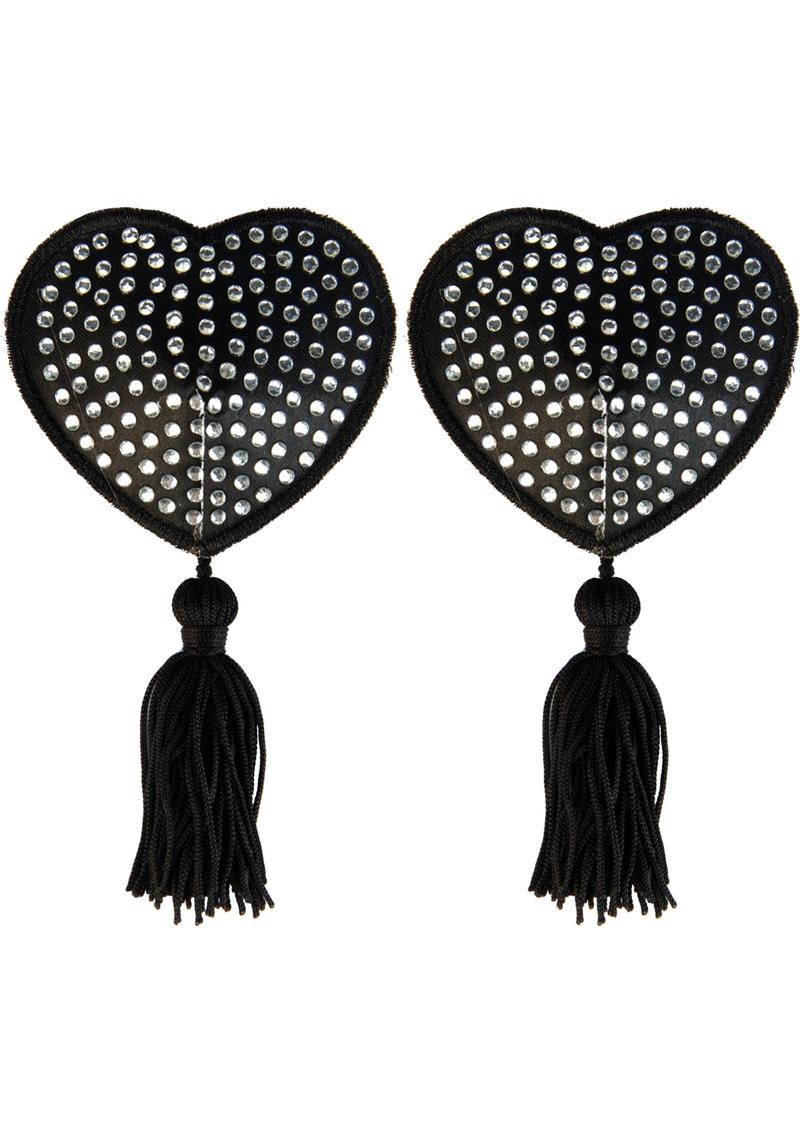 Black Satin Heart/White Stone and Tassel - Black/White