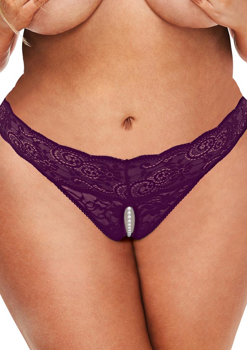 Lace and Pearls Crotchless Thong - Purple - Queen